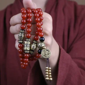 Health Energy Red Carnelian Agate and Obsidian Mala Necklace